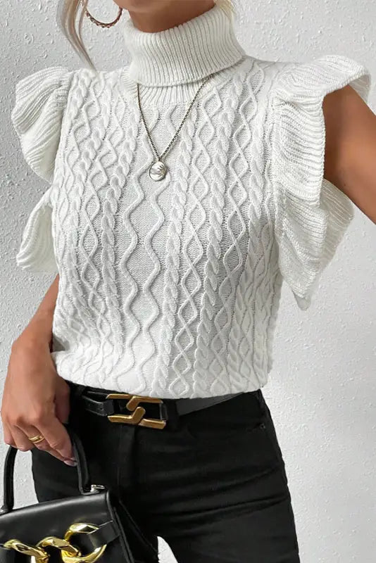 White turtle neck short sleeve cable knit ruffled sweater