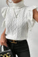 White turtle neck short sleeve cable knit ruffled sweater