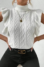 White Turtle Neck Short Sleeve Cable Knit Ruffled Sweater - Fashionfitz