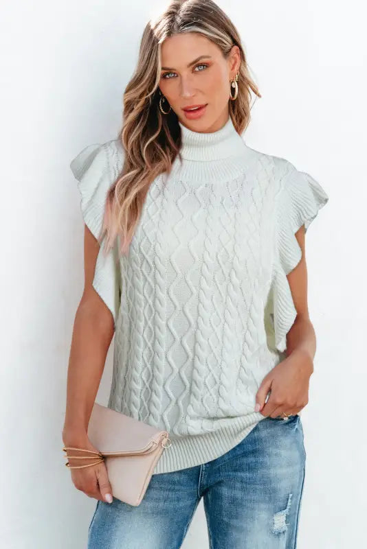 White turtle neck short sleeve cable knit ruffled sweater