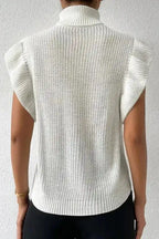 White Turtle Neck Short Sleeve Cable Knit Ruffled Sweater - Fashionfitz