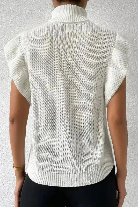 White Turtle Neck Short Sleeve Cable Knit Ruffled Sweater - Fashionfitz