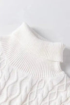 White Turtle Neck Short Sleeve Cable Knit Ruffled Sweater - Fashionfitz