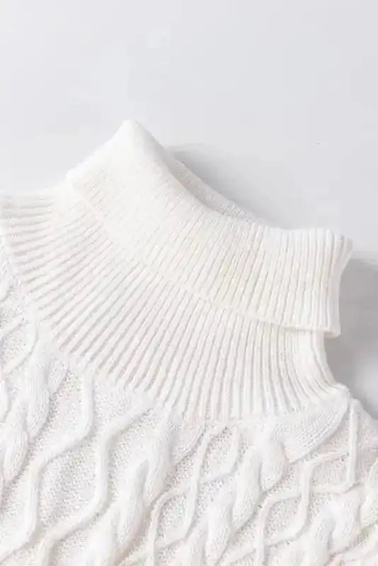White Turtle Neck Short Sleeve Cable Knit Ruffled Sweater - Fashionfitz