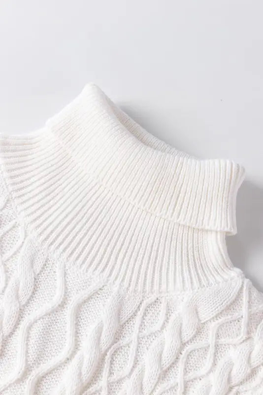 White turtle neck short sleeve cable knit ruffled sweater