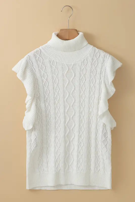 White turtle neck short sleeve cable knit ruffled sweater