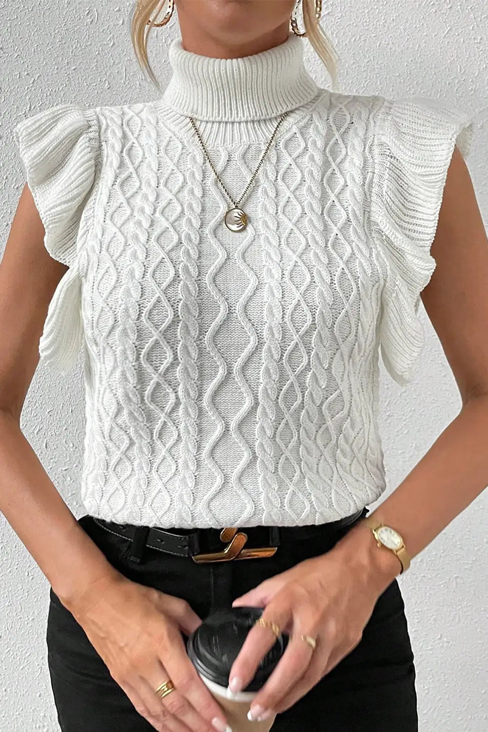 White turtle neck short sleeve cable knit ruffled sweater - l / 55% acrylic + 45% cotton - sweaters & cardigans