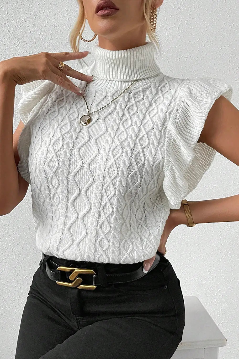 White turtle neck short sleeve cable knit ruffled sweater - sweaters & cardigans