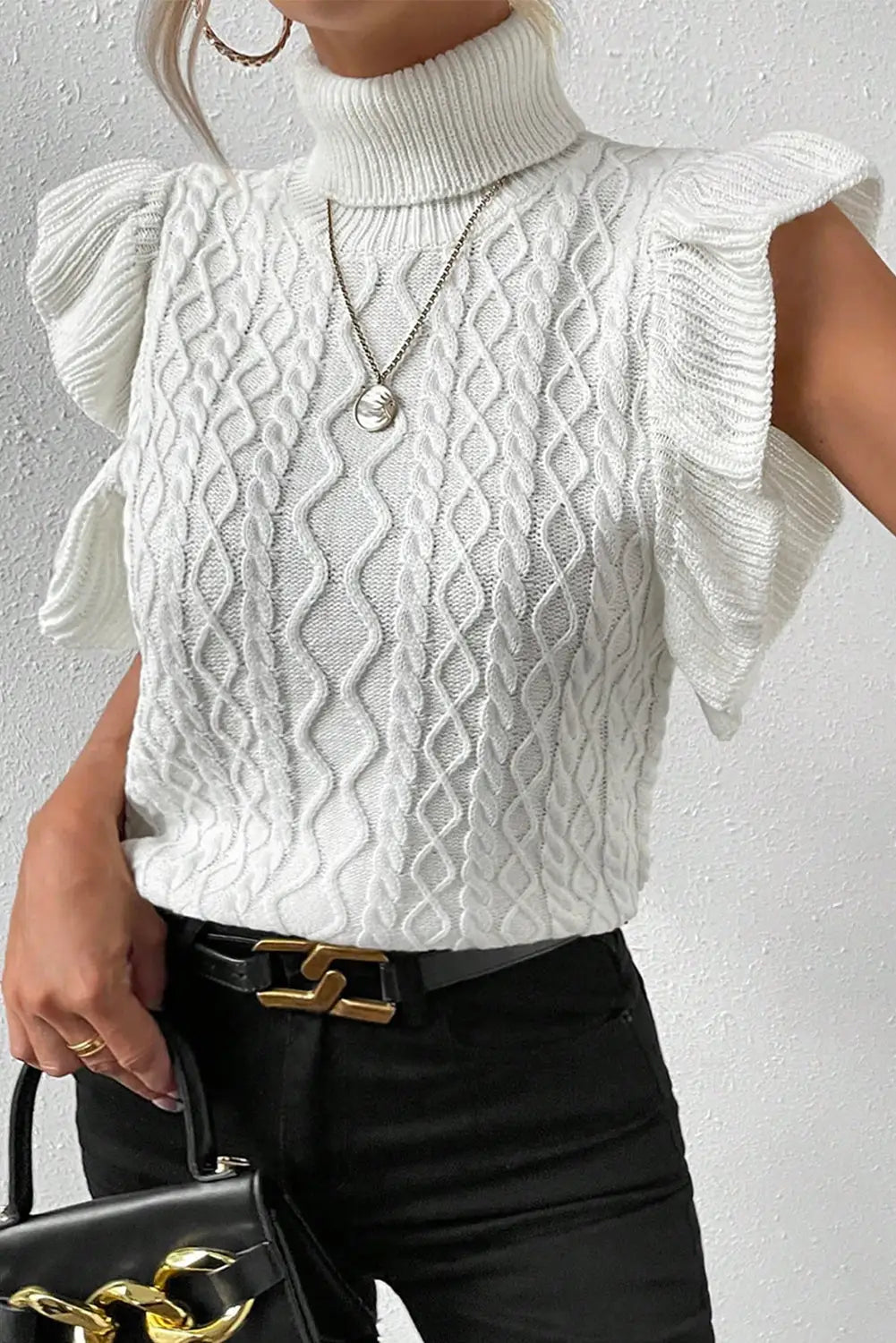 White turtle neck short sleeve cable knit ruffled sweater - sweaters & cardigans