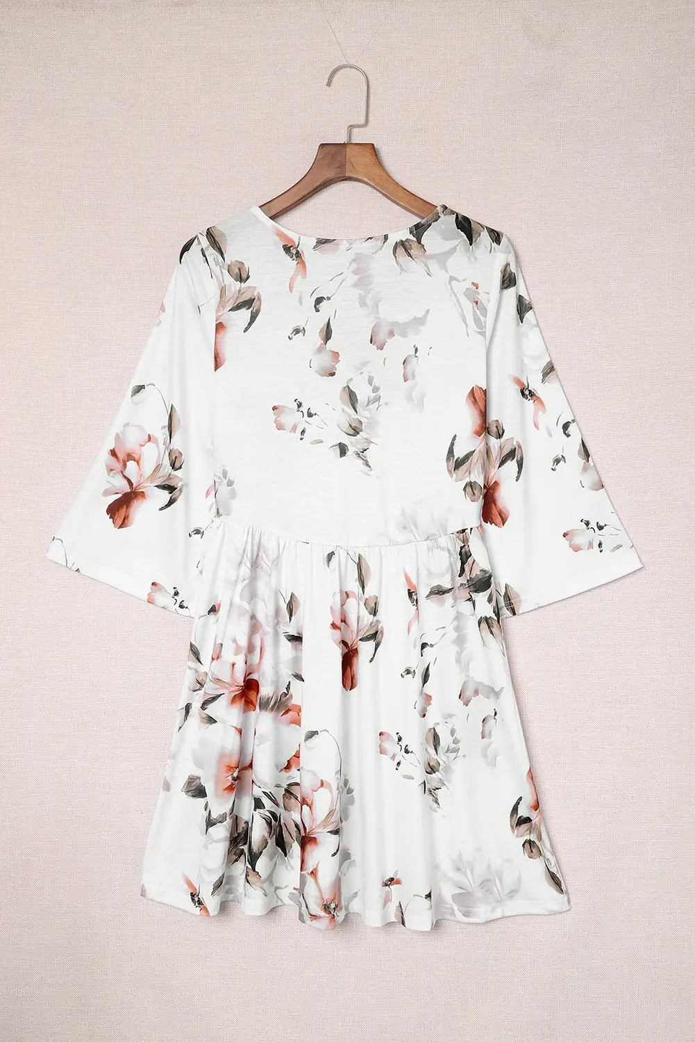 White v neck 3/4 sleeve floral dress - dresses