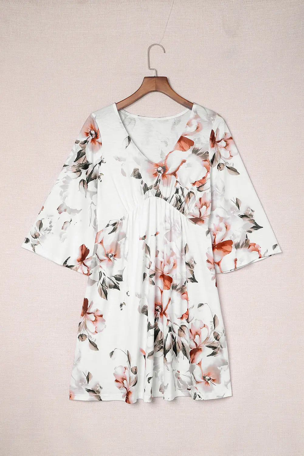 White v neck 3/4 sleeve floral dress - dresses