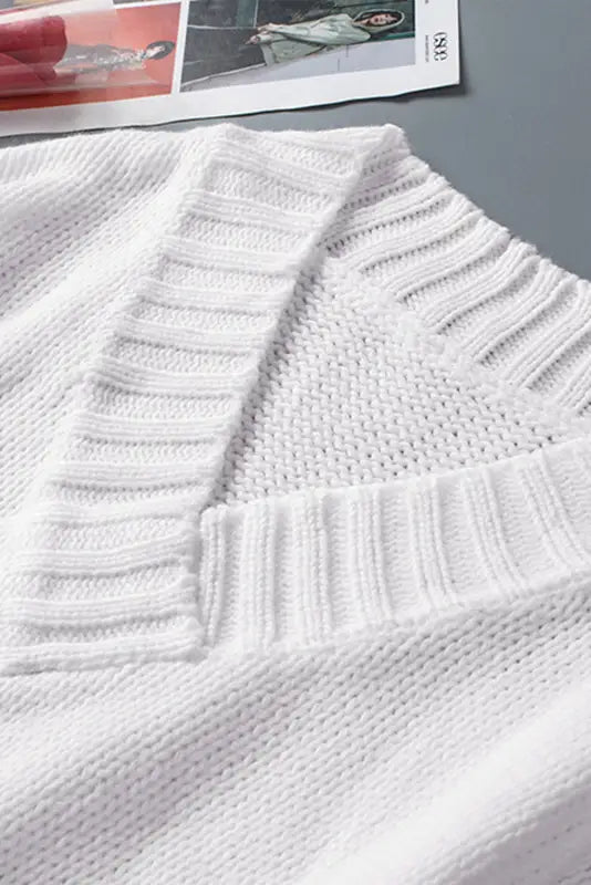 White v-neck drop shoulder knit sweater - sweaters