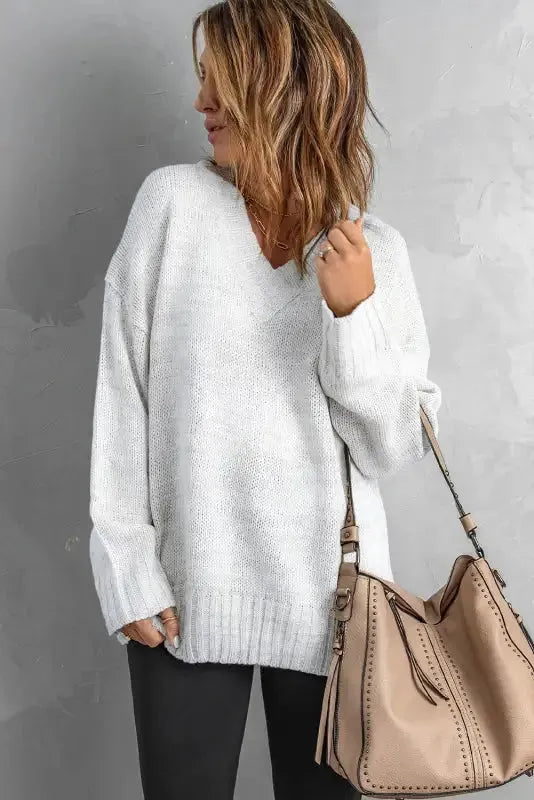 White V-neck Drop Shoulder Knit Sweater - Fashionfitz