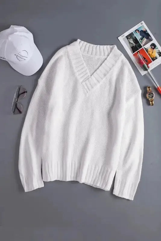 White V-neck Drop Shoulder Knit Sweater - Fashionfitz