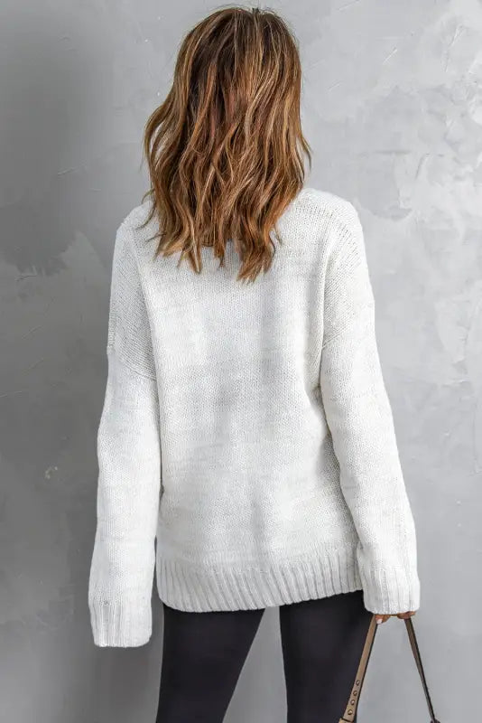 White v-neck drop shoulder knit sweater - sweaters