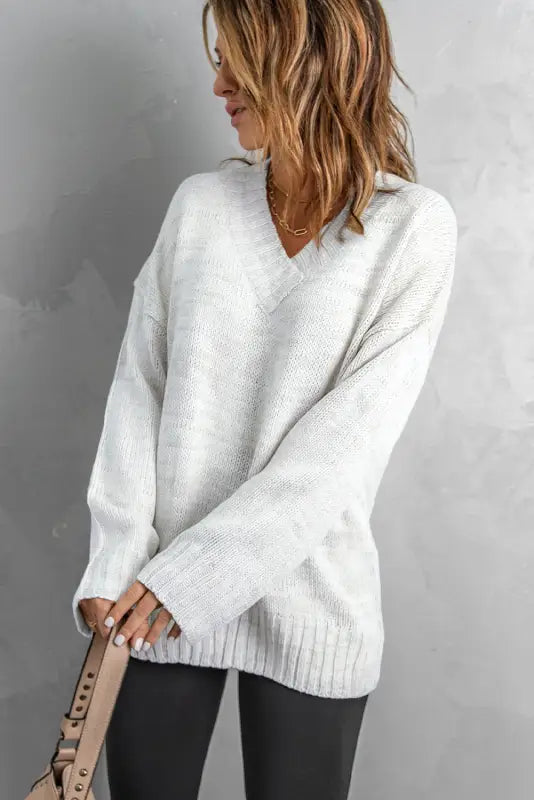 White v-neck drop shoulder knit sweater - sweaters