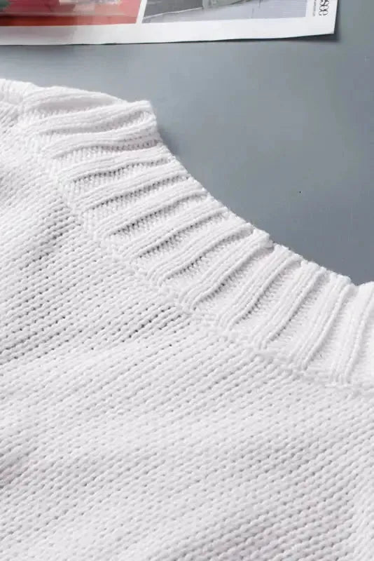 White V-neck Drop Shoulder Knit Sweater - Fashionfitz