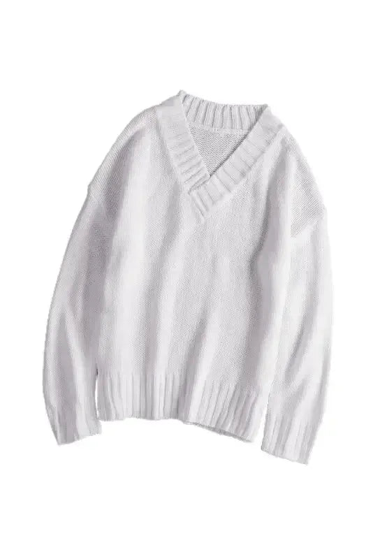 White V-neck Drop Shoulder Knit Sweater - Fashionfitz