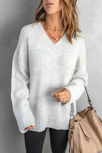 White V-neck Drop Shoulder Knit Sweater - Fashionfitz