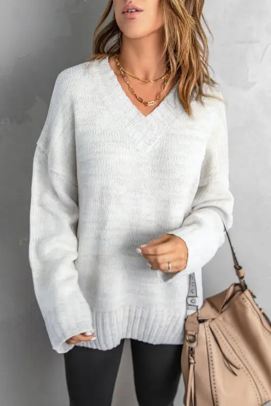 White v-neck drop shoulder knit sweater - sweaters