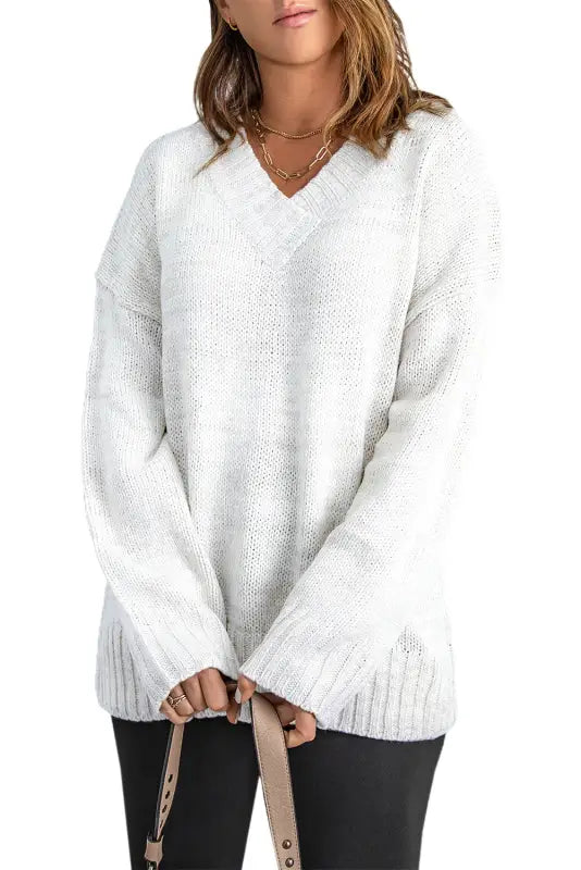 White v-neck drop shoulder knit sweater - sweaters