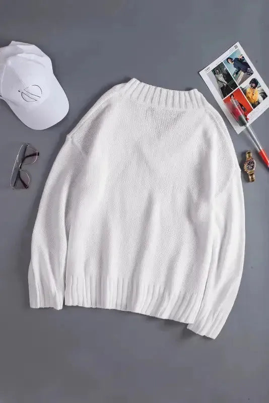 White V-neck Drop Shoulder Knit Sweater - Fashionfitz