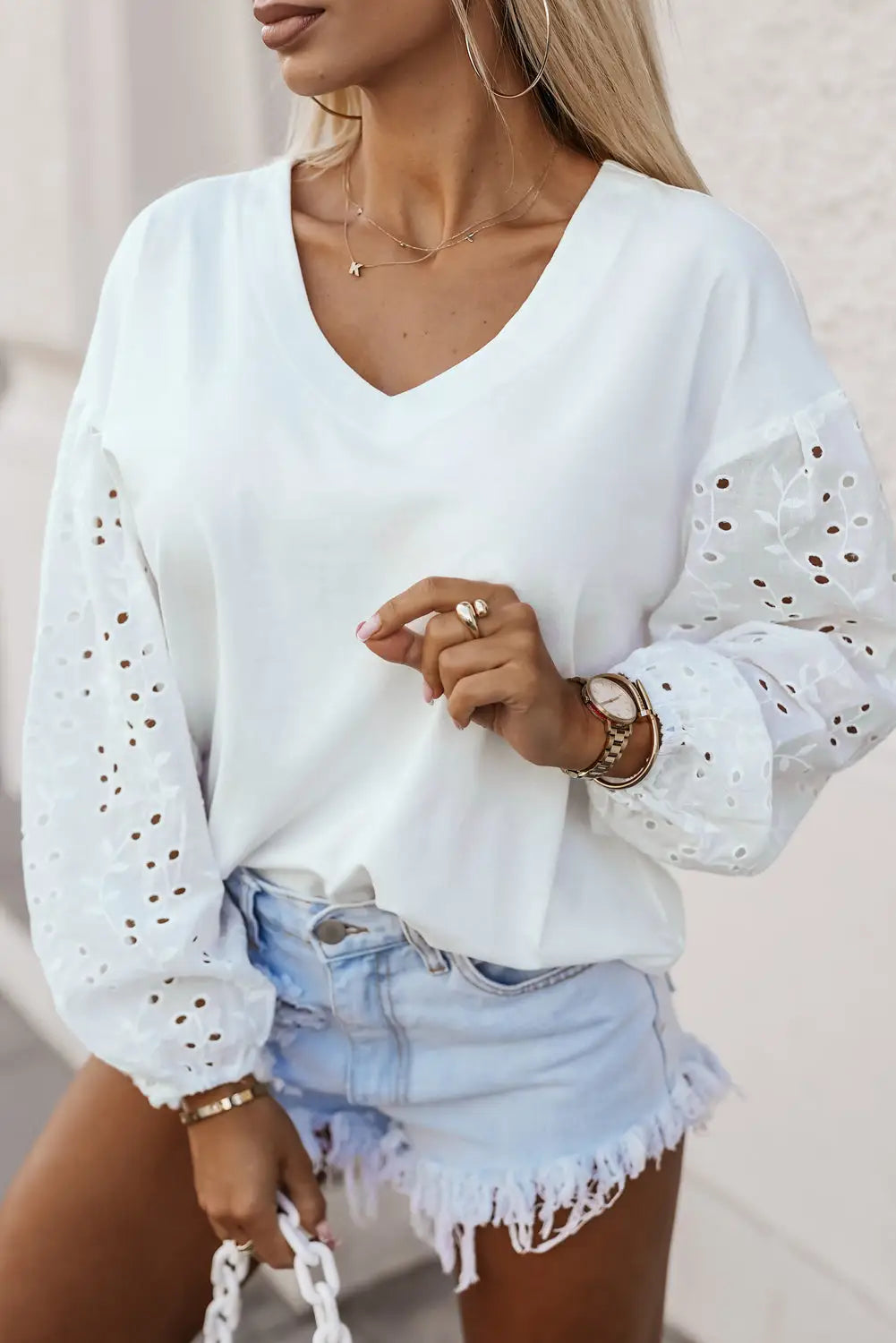 White v-neck embroidered patchwork puff sleeve blouse - tops