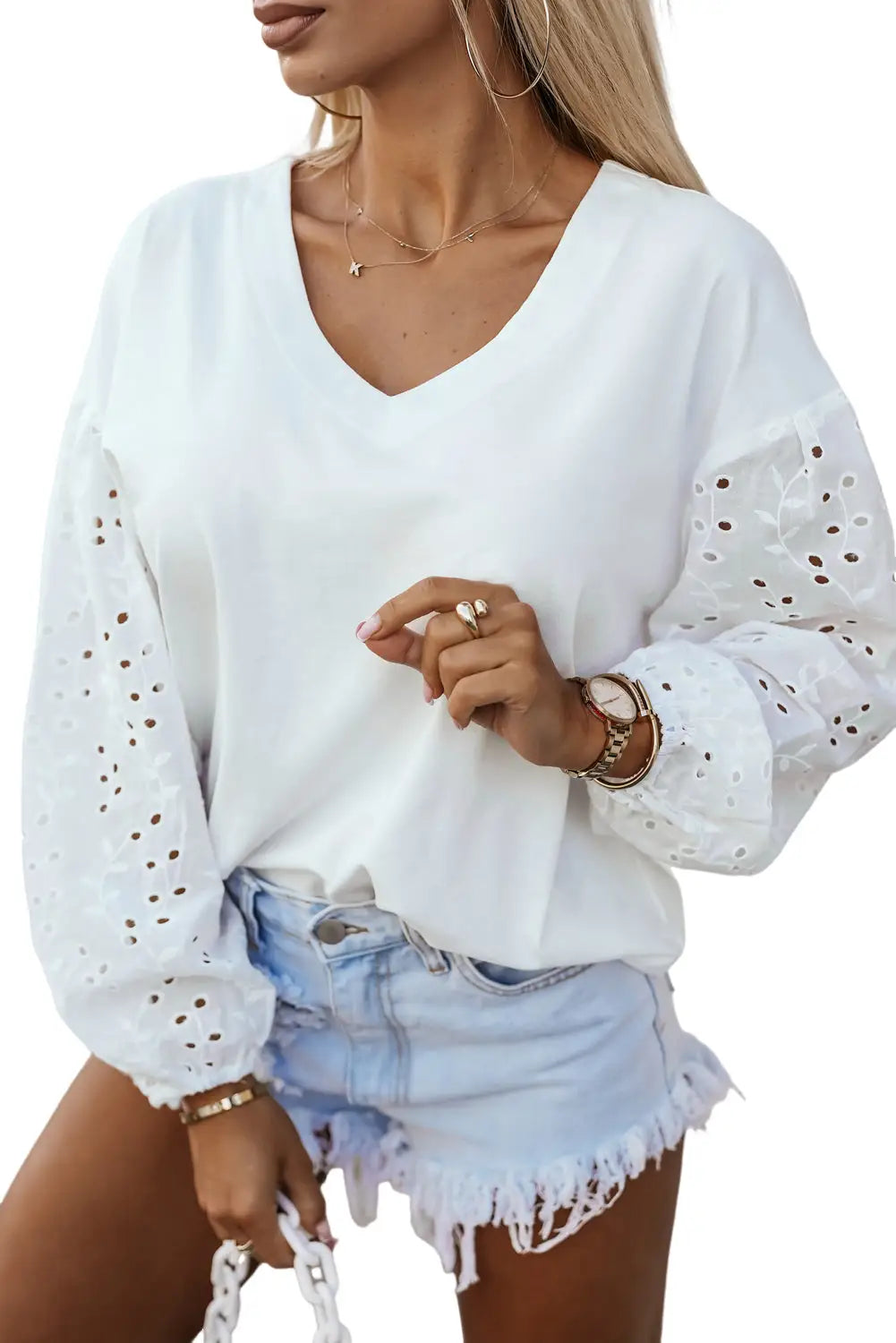 White v-neck embroidered patchwork puff sleeve blouse - tops