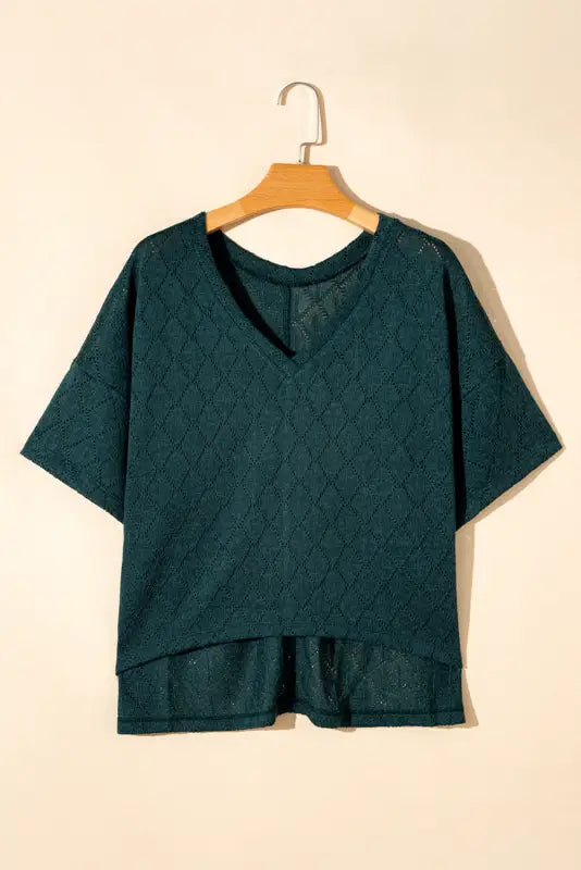 Blackish green v neck knitted flowy blouse - tops