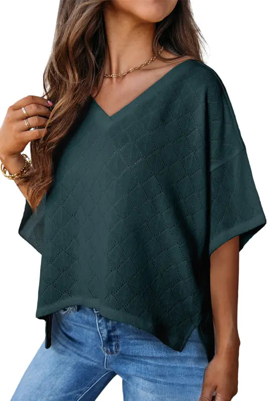 Blackish green v neck knitted flowy blouse - tops