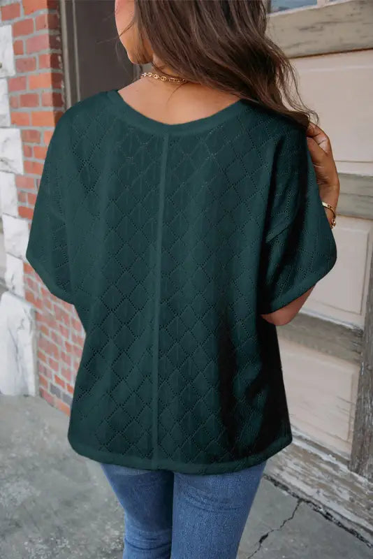 Blackish green v neck knitted flowy blouse - tops