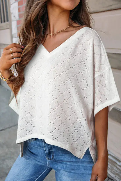 Blackish green v neck knitted flowy blouse - white / s / 100% polyester - tops