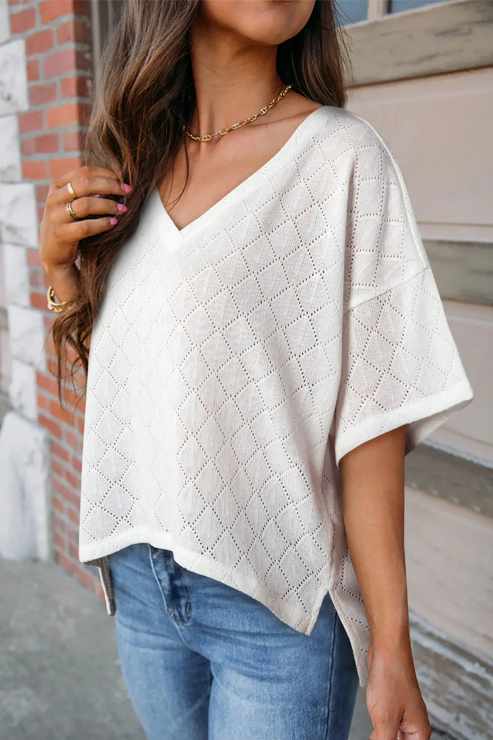 White v neck knitted flowy blouse - blouses & shirts