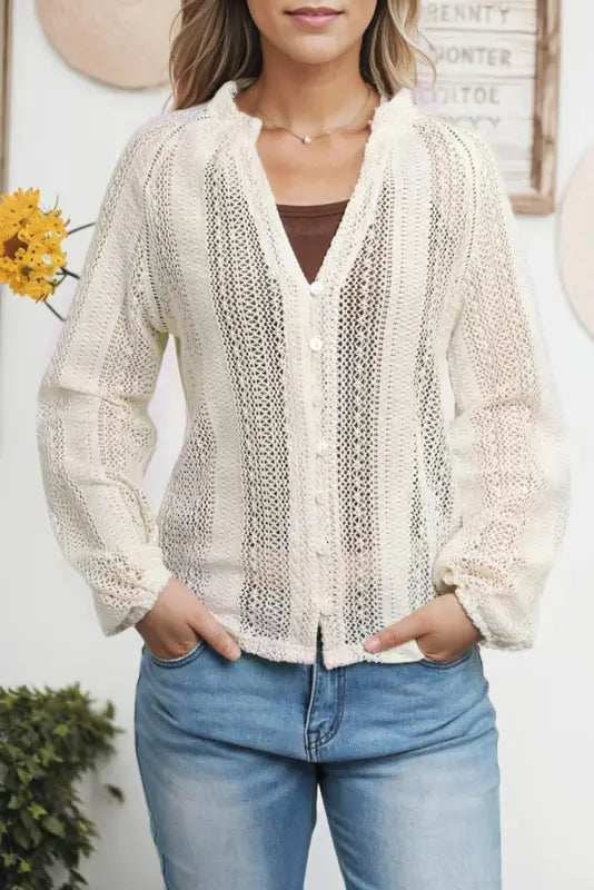 White v-neck long sleeve button up lace shirt - tops