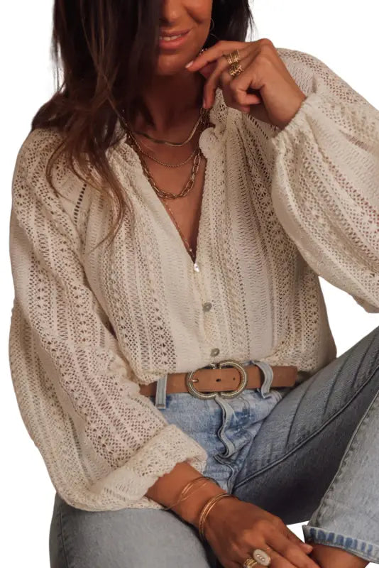 White v-neck long sleeve button up lace shirt - tops