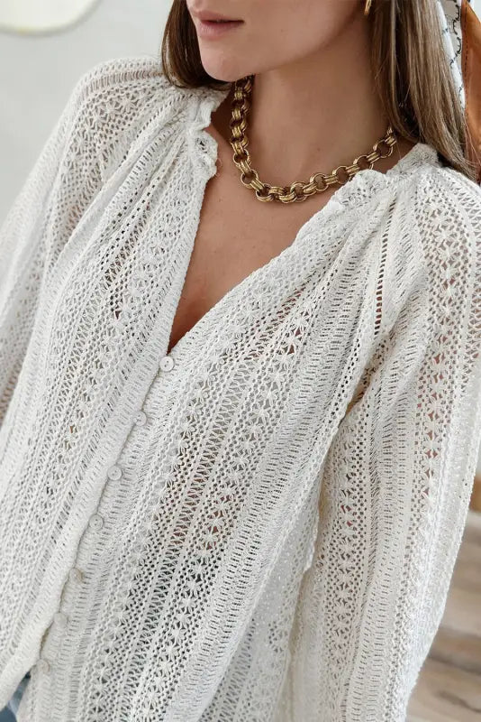 White v-neck long sleeve button up lace shirt - tops