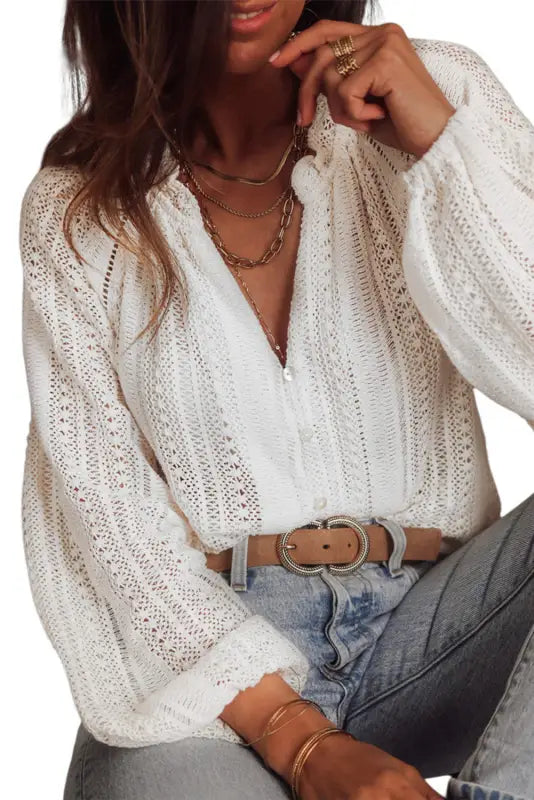 White v-neck long sleeve button up lace shirt - tops