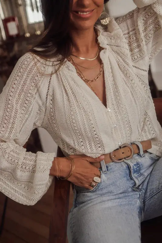 White v-neck long sleeve button up lace shirt - tops