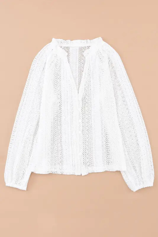 White v-neck long sleeve button up lace shirt - tops