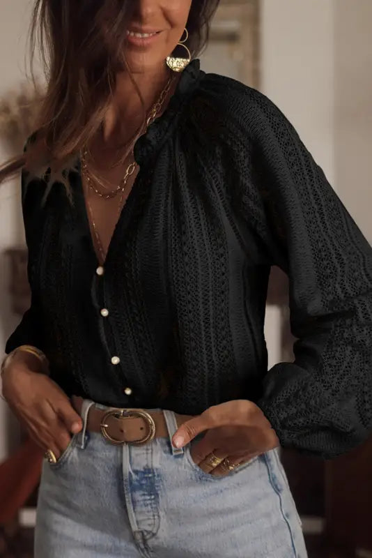 White v-neck long sleeve button up lace shirt - tops