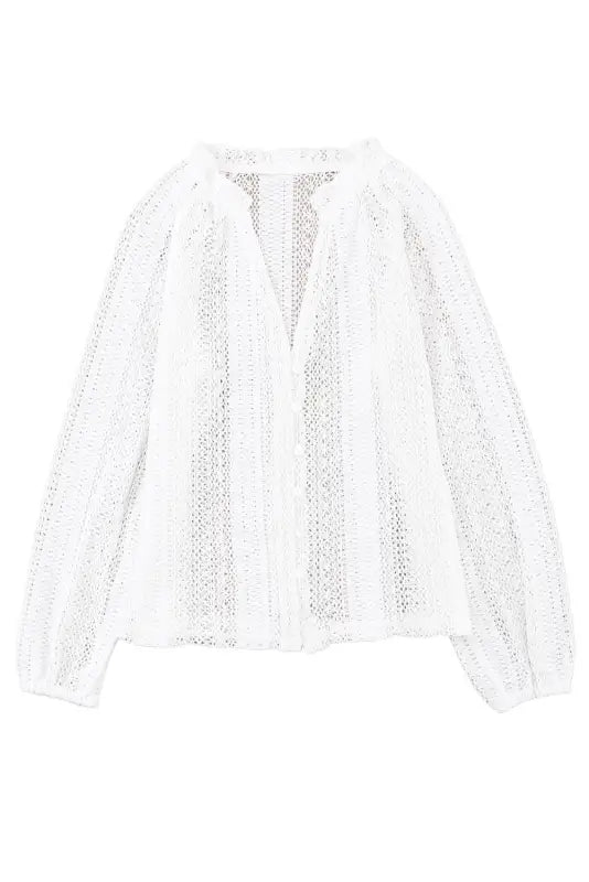 White v-neck long sleeve button up lace shirt - tops