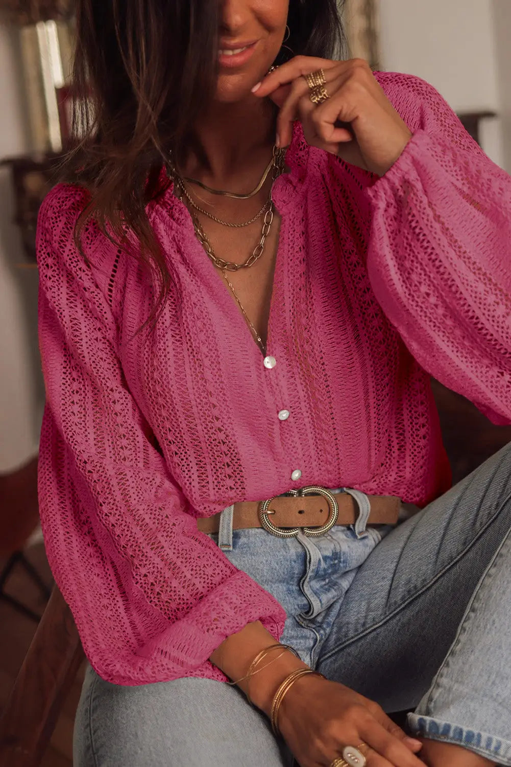 White v-neck long sleeve button up lace shirt - rose / s / 85% cotton + 15% polyester - tops