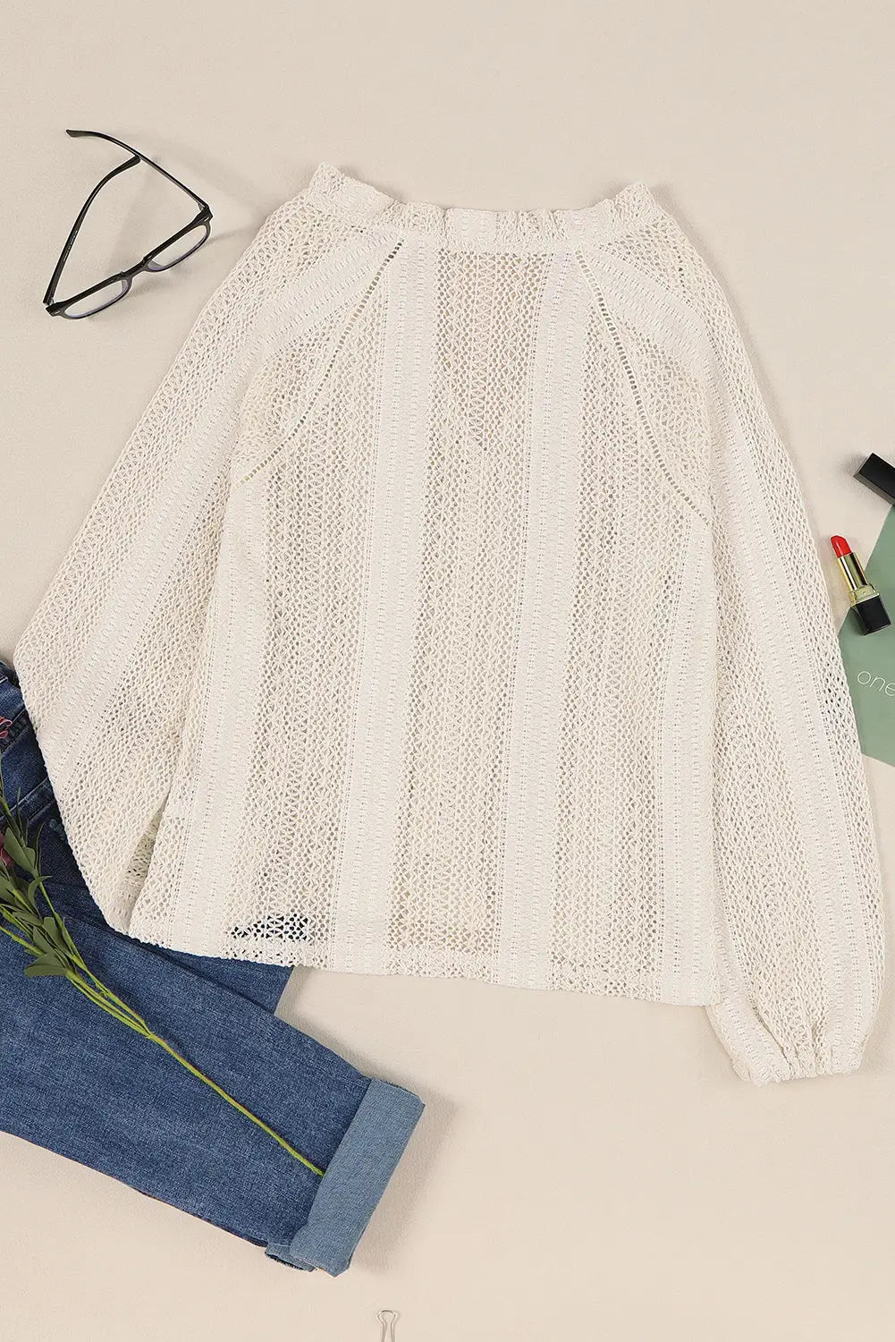 White v-neck long sleeve button up lace shirt - tops