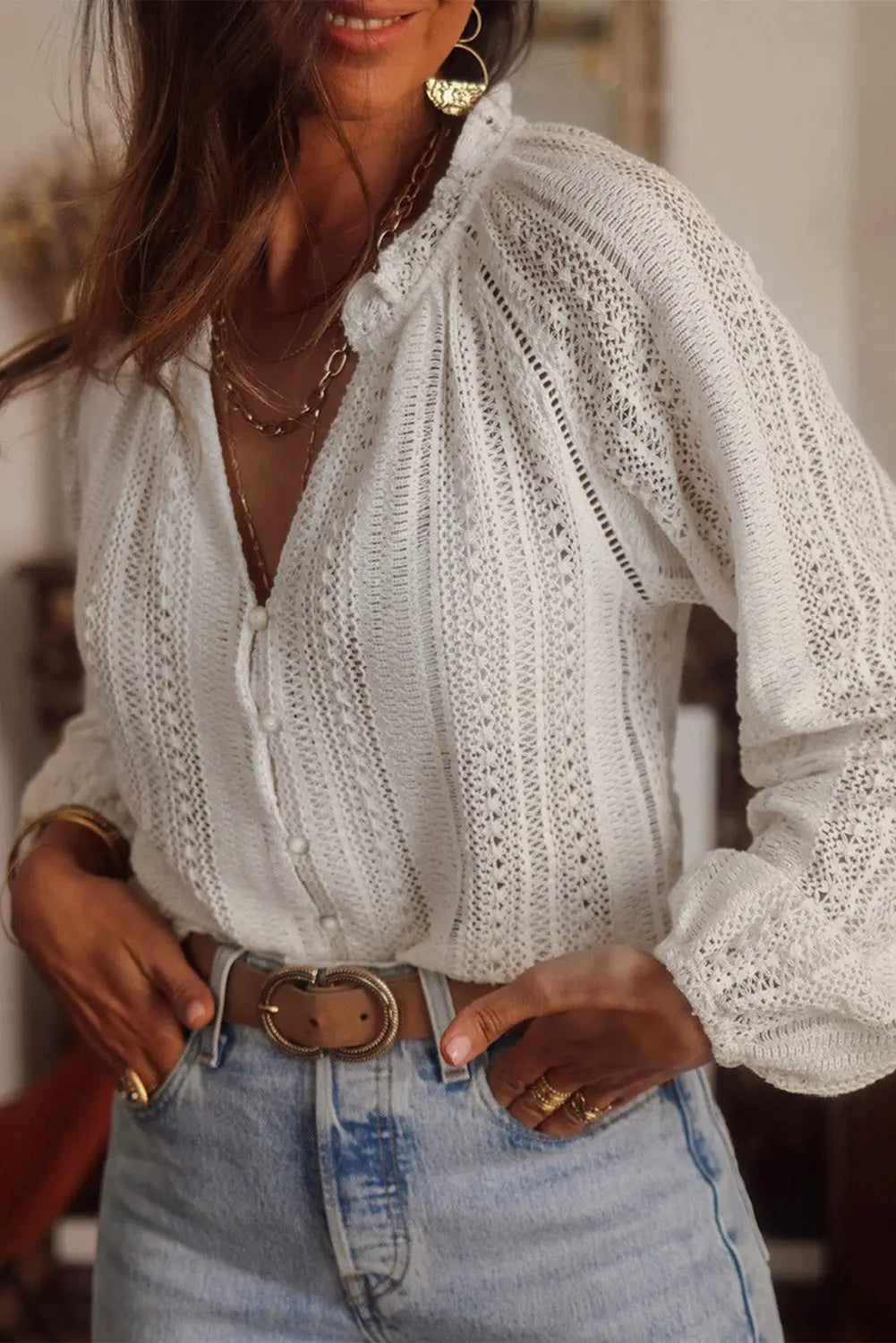 White v-neck long sleeve button up lace shirt - tops