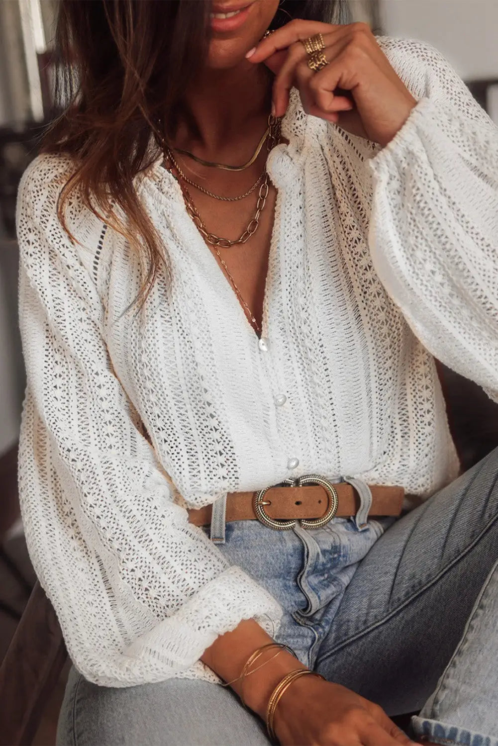 White v-neck long sleeve button up lace shirt - white-2 / s / 85% cotton + 15% polyester - tops