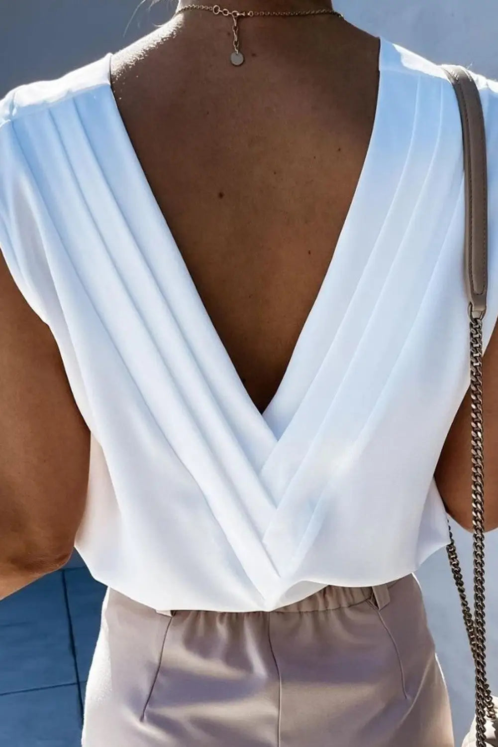 White v neck pleated backless cap sleeve top - tank tops