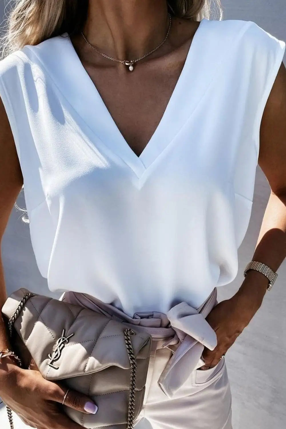 White v neck pleated backless cap sleeve top - tank tops
