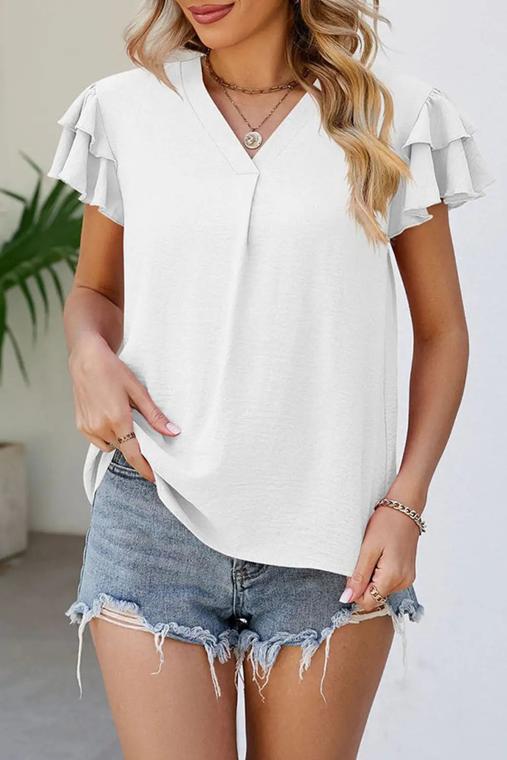 White v neck ruffle short sleeve blouse - l / 100% polyester - blouses & shirts