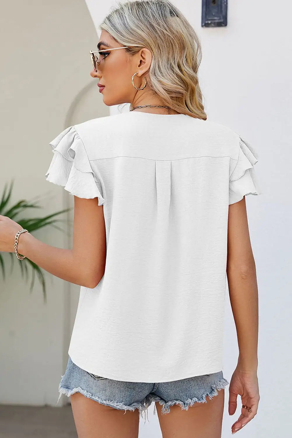 White v neck ruffle short sleeve blouse - blouses & shirts