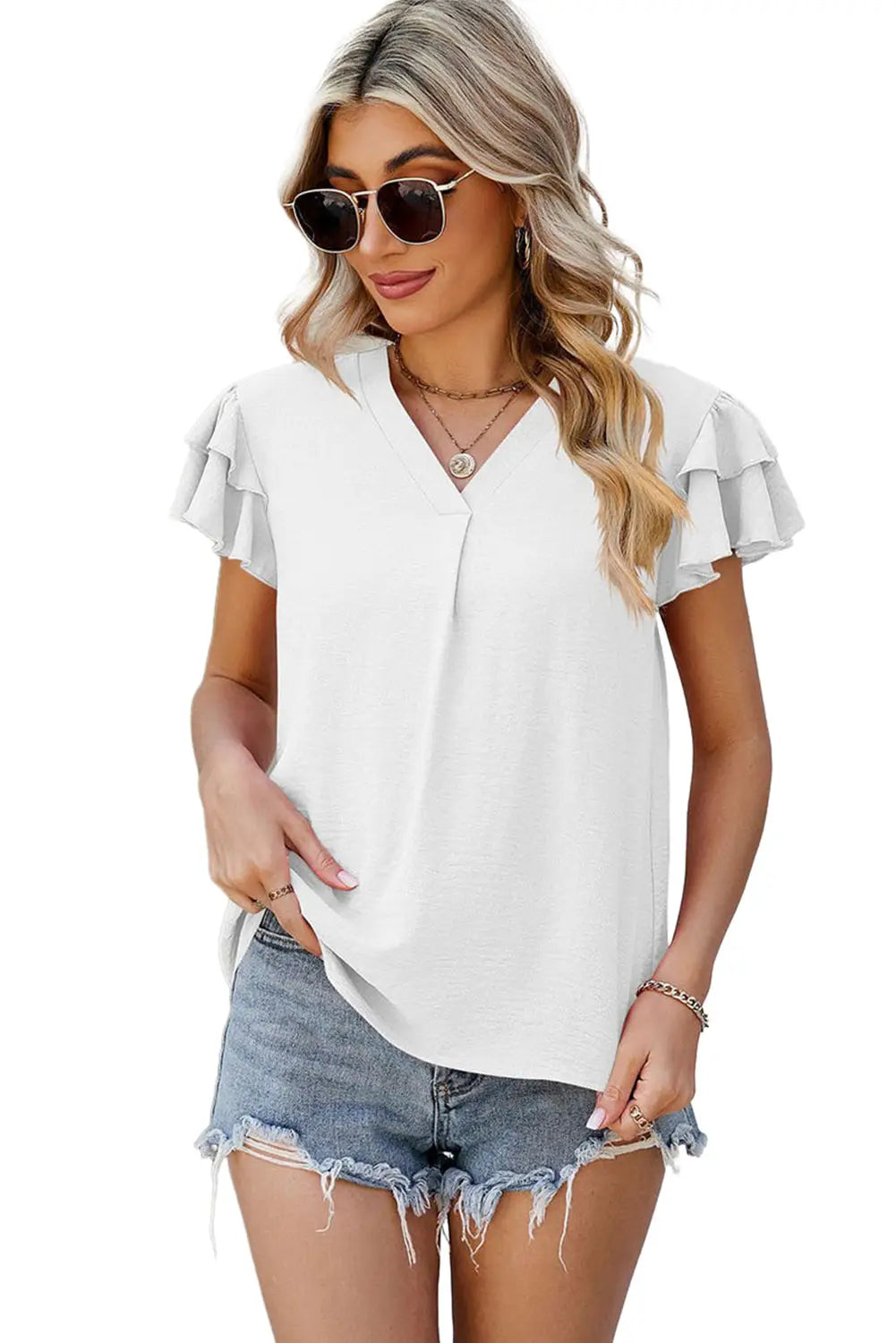 White v neck ruffle short sleeve blouse - blouses & shirts